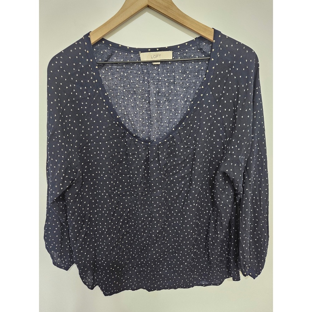 Ann Taylor Loft Navy Blue Heart Print Scoop Neck Raglan Blouse Womens Large